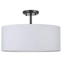 LED White Fabric Drum Shade semi Flush Mount Ceiling Light PS Diffuser with Painting Black Finish, Chandeliers Shade with 18'' 3 Light