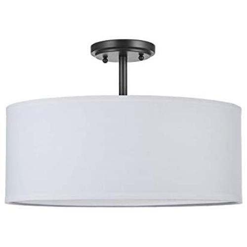LED White Fabric Drum Shade semi Flush Mount Ceiling Light PS Diffuser with Painting Black Finish, Chandeliers Shade with 18'' 3 Light