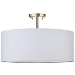 LED White Fabric Drum Shade semi Flush Mount Ceiling Light PS Diffuser with Brushed Bronze Finish, Chandeliers Shade with 20'' 3 Light