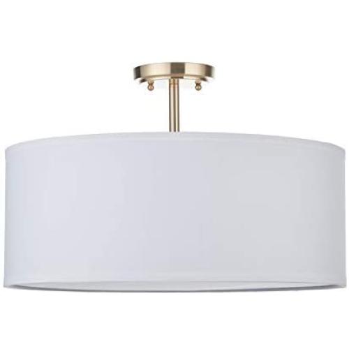 LED White Fabric Drum Shade semi Flush Mount Ceiling Light PS Diffuser with Brushed Bronze Finish, Chandeliers Shade with 20'' 3 Light