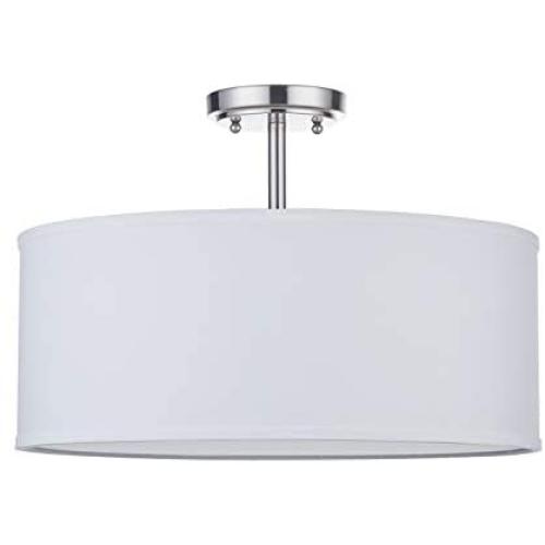 LED White Fabric Drum Shade semi Flush Mount Ceiling Light PS Diffuser with Brushed Nickel Finish, Chandeliers Shade with 18'' 3 Light