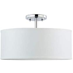 Doraimi 3-Light(16''Dia) Fabric Drum Shade semi Flush Mount + PS Diffuser with Chrome Finish,Off White Fabric Shade for Bar, Dining Room, Corridor,Living Room.LED Bulb(not Include)