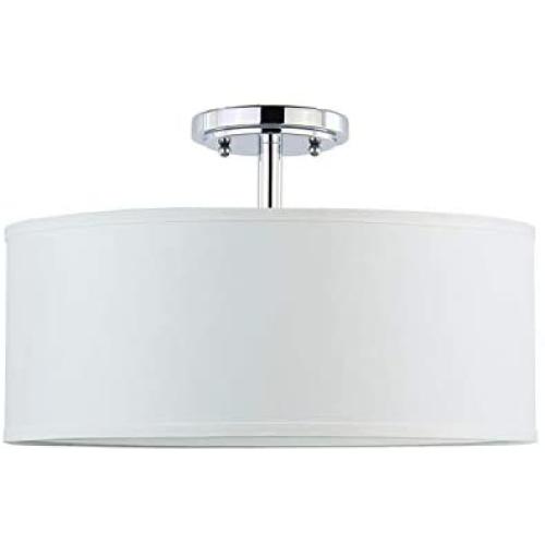 Doraimi 3-Light(16''Dia) Fabric Drum Shade semi Flush Mount + PS Diffuser with Chrome Finish,Off White Fabric Shade for Bar, Dining Room, Corridor,Living Room.LED Bulb(not Include)