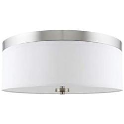 Kira Home Walker 15'' Mid-Century Modern 3-Light Flush Mount Ceiling Light, White Fabric Shade + Round Glass Diffuser, Brushed Nickel Finish