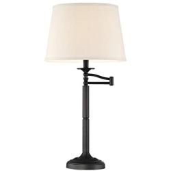 Kira Home Fremont 30'' Traditional Adjustable Swing Arm Table Lamp + Light Gray Shade, 7W Bulb (Energy Efficient/Eco-Friendly), Matte Black Finish