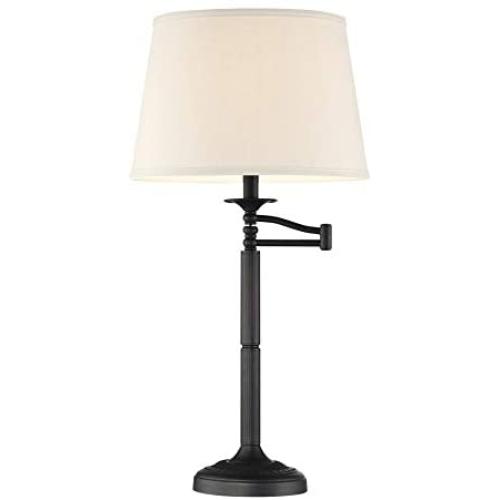 Kira Home Fremont 30'' Traditional Adjustable Swing Arm Table Lamp + Light Gray Shade, 7W Bulb (Energy Efficient/Eco-Friendly), Matte Black Finish