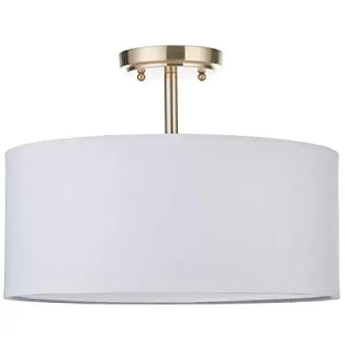 15'' 2 Light Off White Fabric Drum Shade semi Flush Mount Ceiling Led Light PS Diffuser with Brushed Bronze Finish, Chandeliers Shade for Bar, Dining Room, Corridor,Living Room