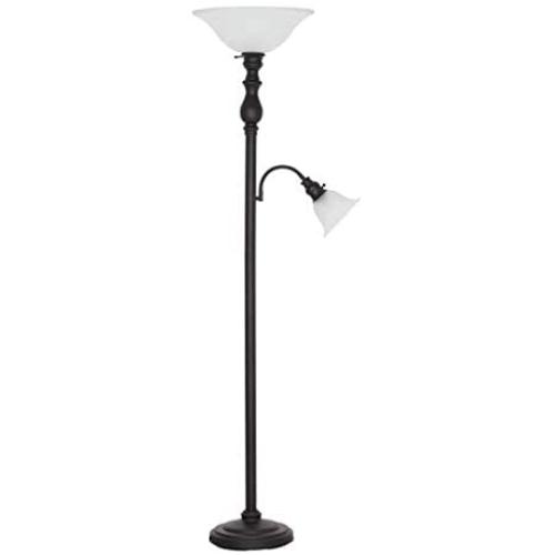 Amazon Brand – Ravenna Home Torchiere Standing Floor Lamp with Reading Light and LED Light Bulbs - 69.75 Inches, Dark Bronze with Frosted Glass Shade