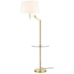 Light Society Lisona Tray Table Floor Lamp, Glass Shelf, Linen Shade with Brass Finish, Mid Century Modern Floor Lamp, Brass/White