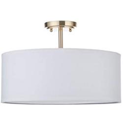 LED White Fabric Drum Shade semi Flush Mount Ceiling Light PS Diffuser with Brushed Bronze Finish, Chandeliers Shade with 18'' 3 Light