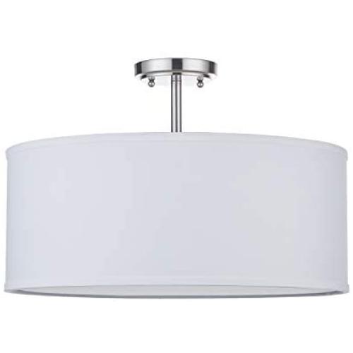 LED White Fabric Drum Shade semi Flush Mount Ceiling Light PS Diffuser with Brushed Nickel Finish, Chandeliers Shade with 20'' 3 Light