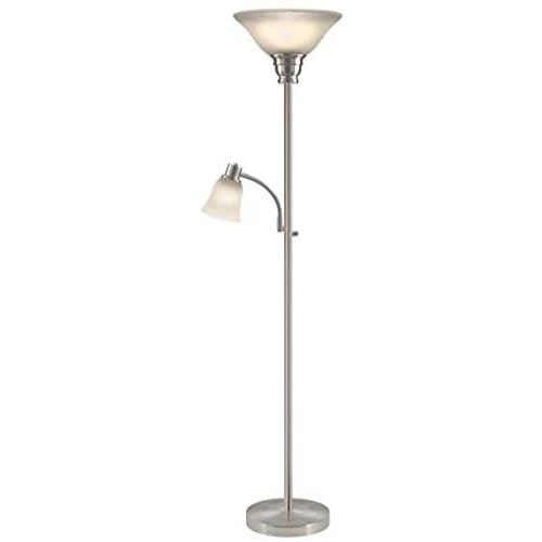 Oneach Ronald Torchiere Floor Lamp with Reading Light Silver Metal Standing Mother/Daughter Torch Lamps with Frosted Glass Shade for Living Room, Bedroom, Nickel Plated Finish