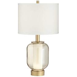 Sophia Modern Table Lamp with Nightlight LED Warm Brass Champagne Glass Off White Drum Shade for Living Room Bedroom Bedside Nightstand Office Family - Possini Euro Design