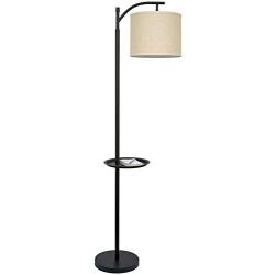 Kira Home York 63'' Minimalist Tray LED Floor Lamp (7W LED, Energy Efficient/Eco-Friendly) + Honey Beige Shade - Modern Standing Arc Light with Hanging Lamp Shade, Black Finish