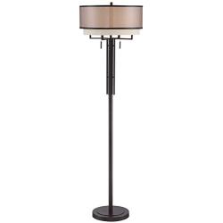 Alamo Modern Floor Lamp Industrial Bronze Sheer Brown Organza and Linen Double Drum Shade for Living Room Reading - Franklin Iron Works