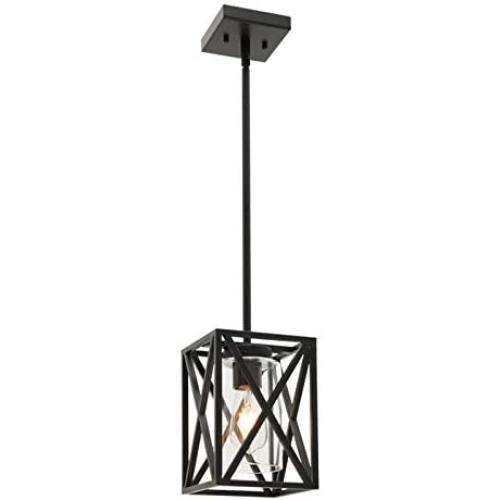 TODOLUZ 1-Light Farmhouse Pendant Light Black Cage Hanging Ceiling Lights with Clear Glass Shade for Kitchen Hallway Dining Room Foyer Bedroom
