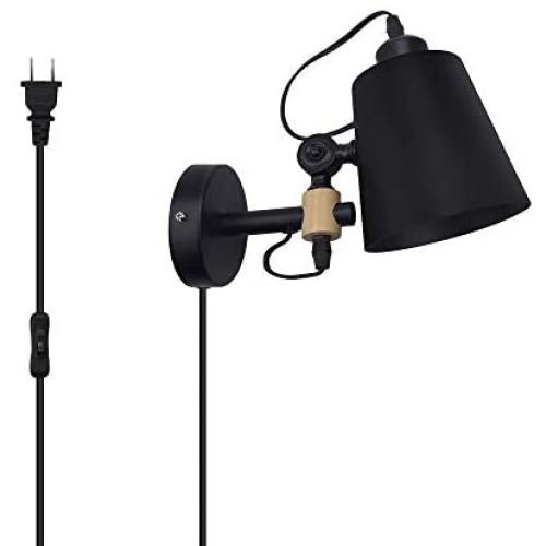 Bonlux Black Plug in Wall Sconce, Industrial Vintage Wall Lamp Fixture with On/Off Switch, E26 Base Socket Rotatable Wall Mounted Reading Light Fixture for Indoor Bedroom Bedside Living Room