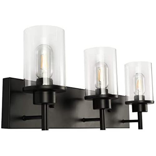 LMSOD 3 Lights Bathroom Vanity Light fixtures, Modern Wall Lamp with Clear Glass Shade for Bedroom Living Room Hallway Kitchen Stairs, Black