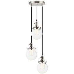 Pathson Industrial Island Pendant Lights, 3-Lights Dining Pendant Lighting with Globe Glass, Vintage Hanging Lamp Fixtures for Kitchen Living Room Bedroom (Brushed Steel)