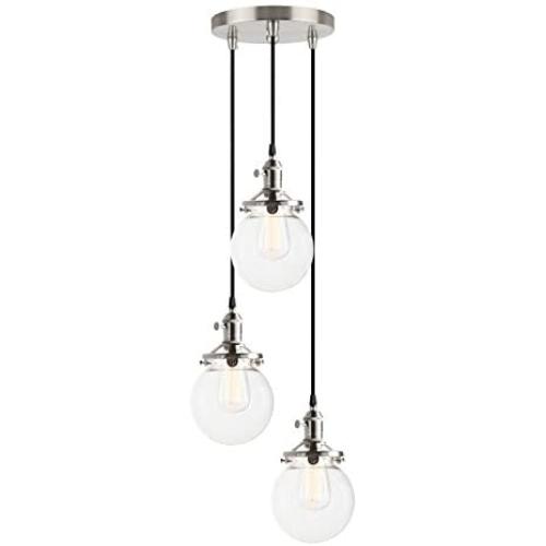 Pathson Industrial Island Pendant Lights, 3-Lights Dining Pendant Lighting with Globe Glass, Vintage Hanging Lamp Fixtures for Kitchen Living Room Bedroom (Brushed Steel)