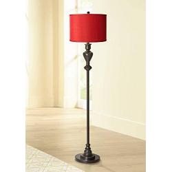 Traditional Floor Lamp Black Bronze Metal China Red Textured Silk Drum Shade for Living Room Reading Bedroom - Possini Euro Design