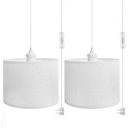 QITIM 2 Pack Plug in Pendant Light Indoor, White Linen Shade Hanging Light Fixture for Kitchen, Living Room, Dining Table, 15FT Clear Cord with On/Off Switch, E26 Socket