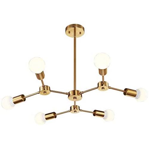 MELUCEE Modern Sputnik Chandeliers 6-Light Brass Mid Century Light Fixture Flush Mount Ceiling Light Pendant Light for Kitchen Island Living Room Bedroom Foyer Hallway