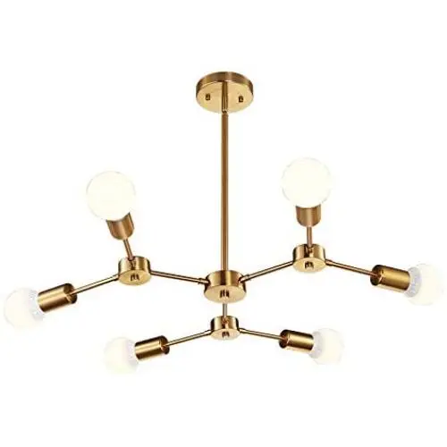 MELUCEE Modern Sputnik Chandeliers 6-Light Brass Mid Century Light Fixture Flush Mount Ceiling Light Pendant Light for Kitchen Island Living Room Bedroom Foyer Hallway