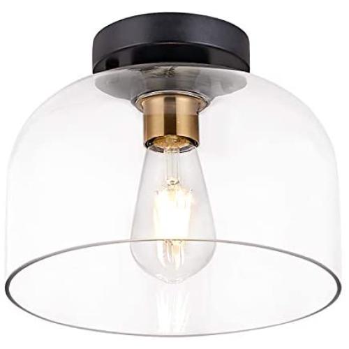 Industrial Flush Mount Light Fixture, Matte Black Finish,Brass Accent Socket,Ceiling Light Fixture with Clear Glass for Entryway,Hallway,Dining Room, Bedroom, Kitchen, Living Room