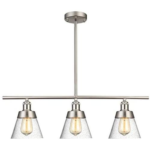 Modern Brushed Nickel Kitchen Island Lighting, Clear Seeded Glass Linear Chandelier, 3 Lights Pendant Light Fixture for Kitchen Island Dining Room