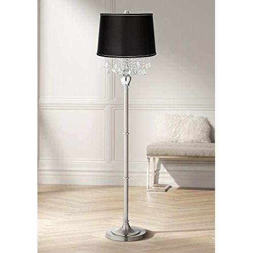 Modern Floor Lamp Satin Steel Chrome Crystal Chandelier Black Satin Fabric Drum Shade for Living Room Reading Bedroom - 360 Lighting
