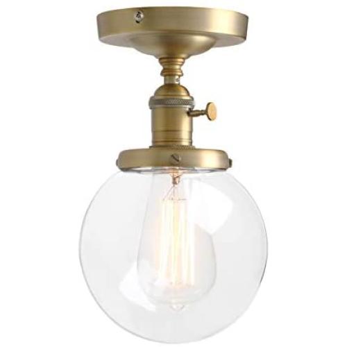 Pathson Industrial Brass Semi-Flush Mount Ceiling Light, Vintage Style Pendant Lighting, Glass Shade Hanging Light Fixtures for Laundry Room Living Room Cafe Bar