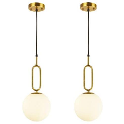 BAODEN 1 Lights Modern Globe Pendant Light Fixture Set of 2 Mid Century Chandelier Brushed Brass Finished with White Globe Glass Lampshade Living Room Bedroom Dining Lighting (Gold)