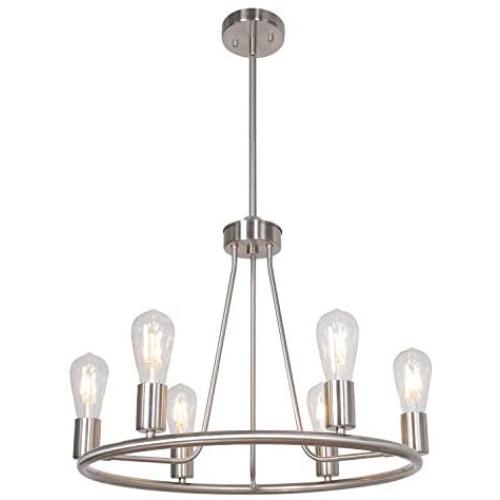 BONLICHT Contemporary 6-Light Round Chandelier Brushed Nickel Kitchen Island Farmhouse Living Room Dining Room Metal Light Fixtures Ceiling Mid Century Modern Pendant Lighting