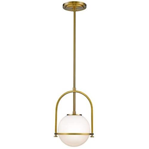 Modern Globe Pendant Lights, LMS 1-Light Hanging Light Fixture, Brushed Brass Finished with White Globe Glass Lampshade, LMS-013