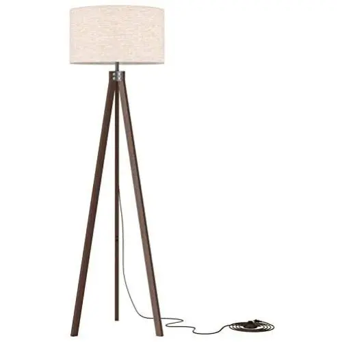 LEPOWER Wood Floor Lamp Tripod, Mid Century Standing Lamp, Vintage Design Reading Lamp for Living Room, Bedroom and Office, Flaxen Lamp Shade with E26 Lamp Base