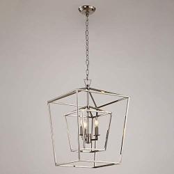 Decomust 17'' Lantern Pendant Light Industrial Vintage Lantern Iron Cage Hanging with 3-Light, Chandelier for Traditional Dining Room Bar Cafe (Chrome)