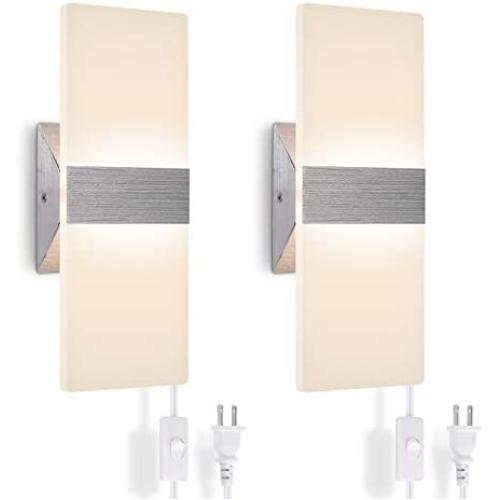 Modern Wall Sconce Plug in 15W, Set of 2 Wall Sconces Plug in Warm White, Acrylic Material Wall Mounted Wall Lights sconces Wall Lighting with 170cm Plug in Cord and On/Off Switch