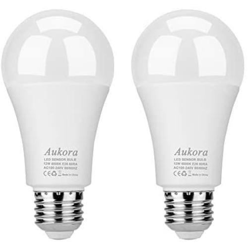 Aukora Dusk to Dawn Light Bulb, 12W (100-Watt Equivalent) Smart Sensor Light Bulbs Super Bright E26 Automatic On/Off Security Lights Outdoor/Indoor for Porch Garage Garden Patio(Cool White 2 Pack)