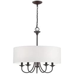 Kira Home Quinn 21'' Traditional 5-Light Chandelier + White Linen Drum Shade, Oil-Rubbed Bronze Finish