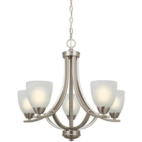 Kira Home Weston 24'' Contemporary 5-Light Large Chandelier + Alabaster Glass Shades, Adjustable Chain, Brushed Nickel Finish