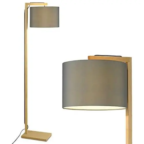 Modern Wood Floor Lamp, Imego Standing Reading Lamp with Hanging Fabric Drum Shade, Tall Pole Lamp for Living Room Bedroom Office Kids Room - Grey Modern Wood Floor Lamp, Imego Standing Reading Lamp with Hanging Fabric Drum Shade, Tall Pole Lamp for Living Room Bedroom Office Kids Room - Grey