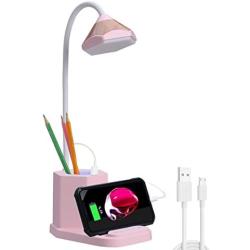 Desk Lamp Kids with Colorful Night Light Small USB Rechargeable Student Cute Led Table Lamp Dimmable, Storage with Phone & Pen Holder for Child, Girls, Boys, Gifts, Office, Home, Dorm, Room(Pink)