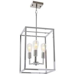 VINLUZ 3 Light Cage Lantern Metal Chandelier Chrome Adjustable Hanging Pendant Lighting Fixture for Stairway Entryway Foyer Dining Room