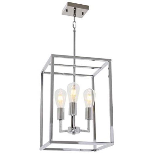 VINLUZ 3 Light Cage Lantern Metal Chandelier Chrome Adjustable Hanging Pendant Lighting Fixture for Stairway Entryway Foyer Dining Room