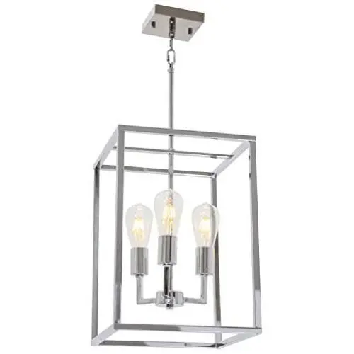VINLUZ 3 Light Cage Lantern Metal Chandelier Chrome Adjustable Hanging Pendant Lighting Fixture for Stairway Entryway Foyer Dining Room