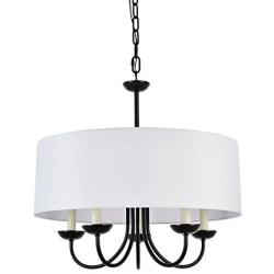 A1A9 Modern 5-Light Drum Pendant Light Fixture, 21 White Fabric Shade, Simple Chain Hanging Ceiling Lights, Black Chandelier Fitting for Entryway, Hallway, Dining Room and Foyer