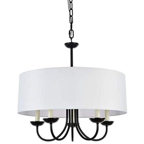 A1A9 Modern 5-Light Drum Pendant Light Fixture, 21 White Fabric Shade, Simple Chain Hanging Ceiling Lights, Black Chandelier Fitting for Entryway, Hallway, Dining Room and Foyer