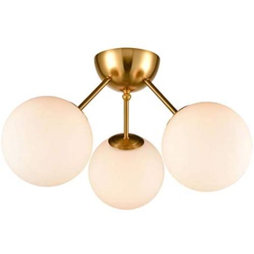 Classic Mid Century Modern Globe Semi Flush Mount Ceiling Light Sputnik Chandeliers,White Frosted Glass Gold Finished for Living Room Dining Room Bedroom 3- Light