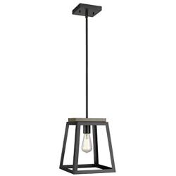 Eapudun Pendant Light Hanging Lantern Lighting Fixture, Industrial Retro Iron Chandelier Fixture for Kitchen and Dining Room, Matte Black&Wooden Finish, PDA1294-FBDT